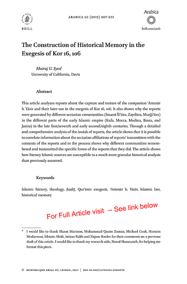First Page Only Mairaj Syed - Final Article - Construction of Historical Memory in the Exegesis of Kor 16, 106 - Re-sized